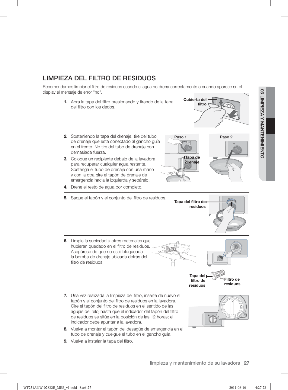 Limpieza del filtro de residuos | Samsung WF231ANW-XAA User Manual | Page 67 / 120