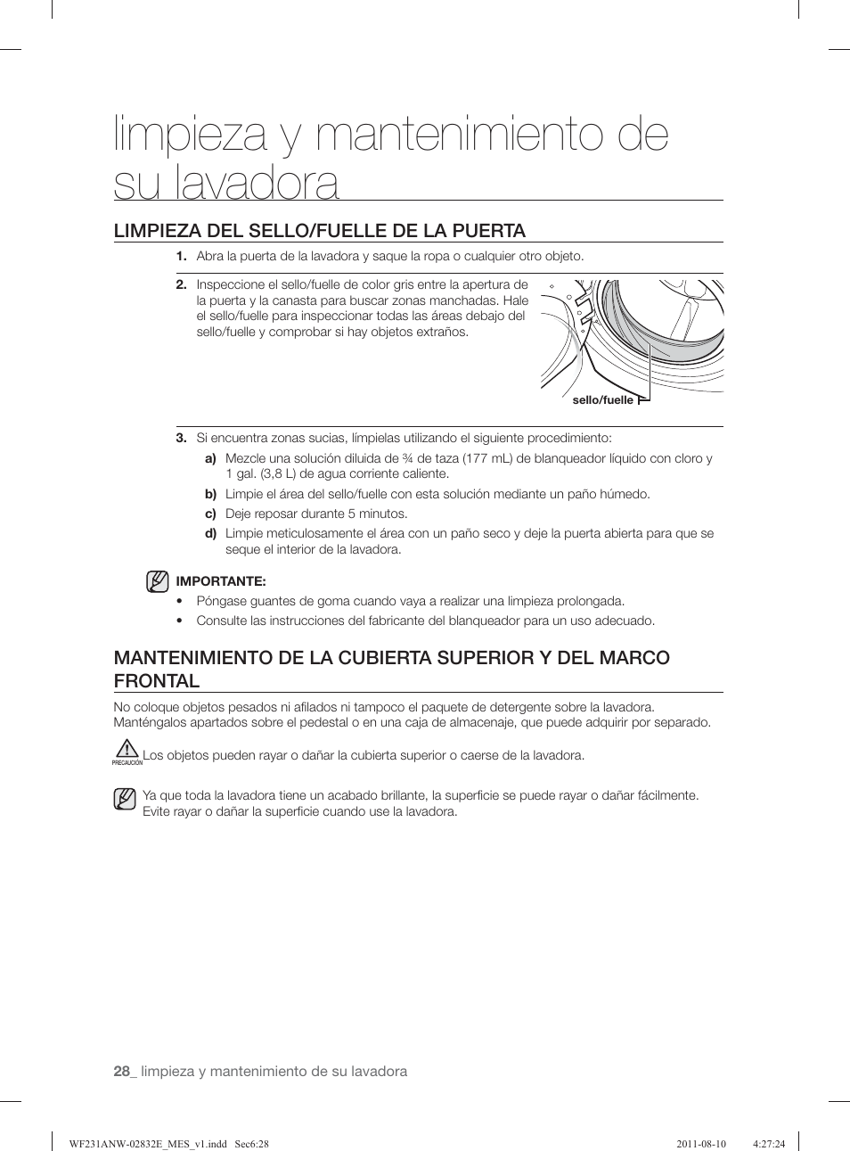 Limpieza y mantenimiento de su lavadora, Limpieza del sello/fuelle de la puerta | Samsung WF231ANW-XAA User Manual | Page 68 / 120