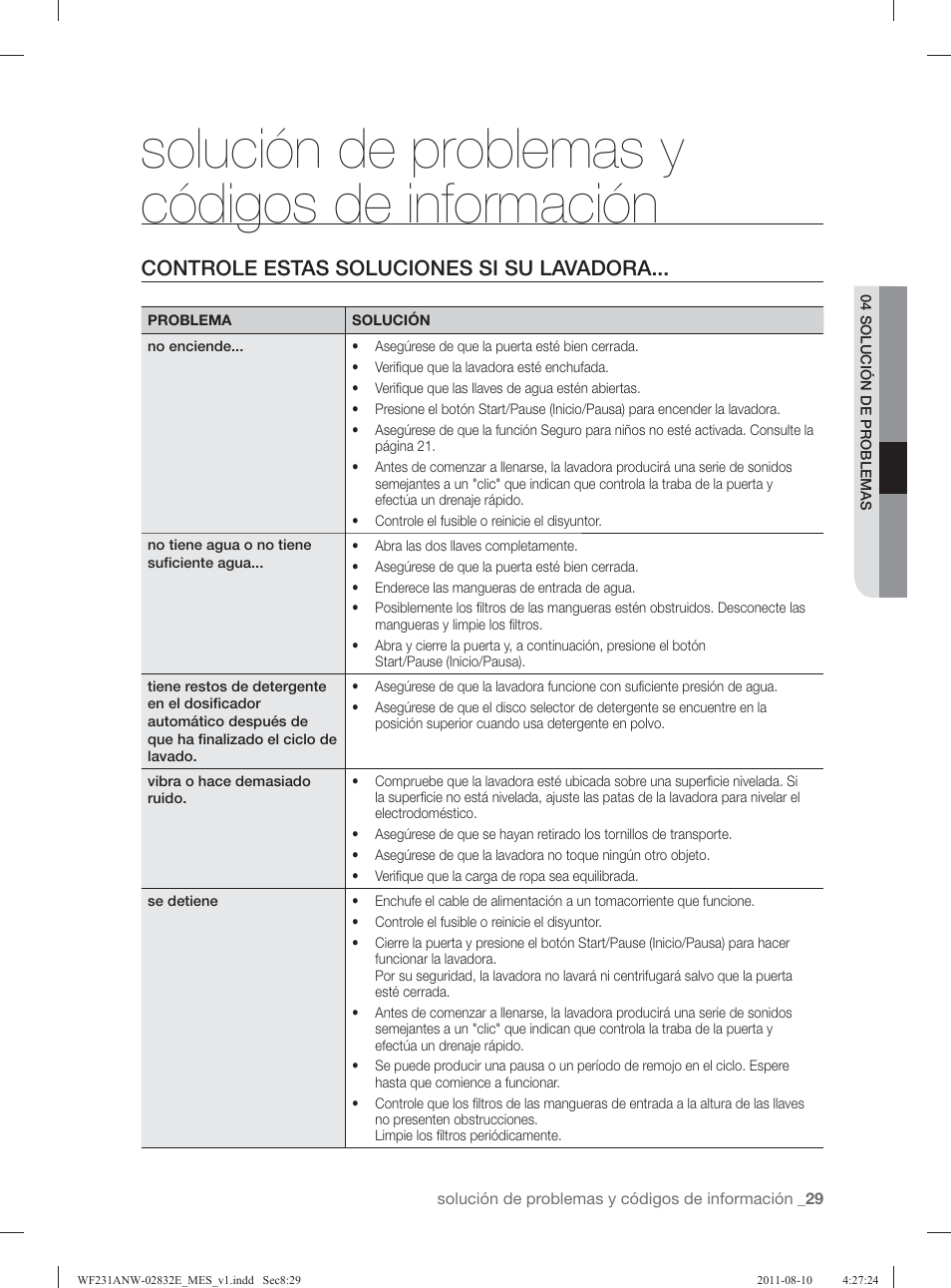 Solución de problemas y códigos de información, Controle estas soluciones si su lavadora | Samsung WF231ANW-XAA User Manual | Page 69 / 120