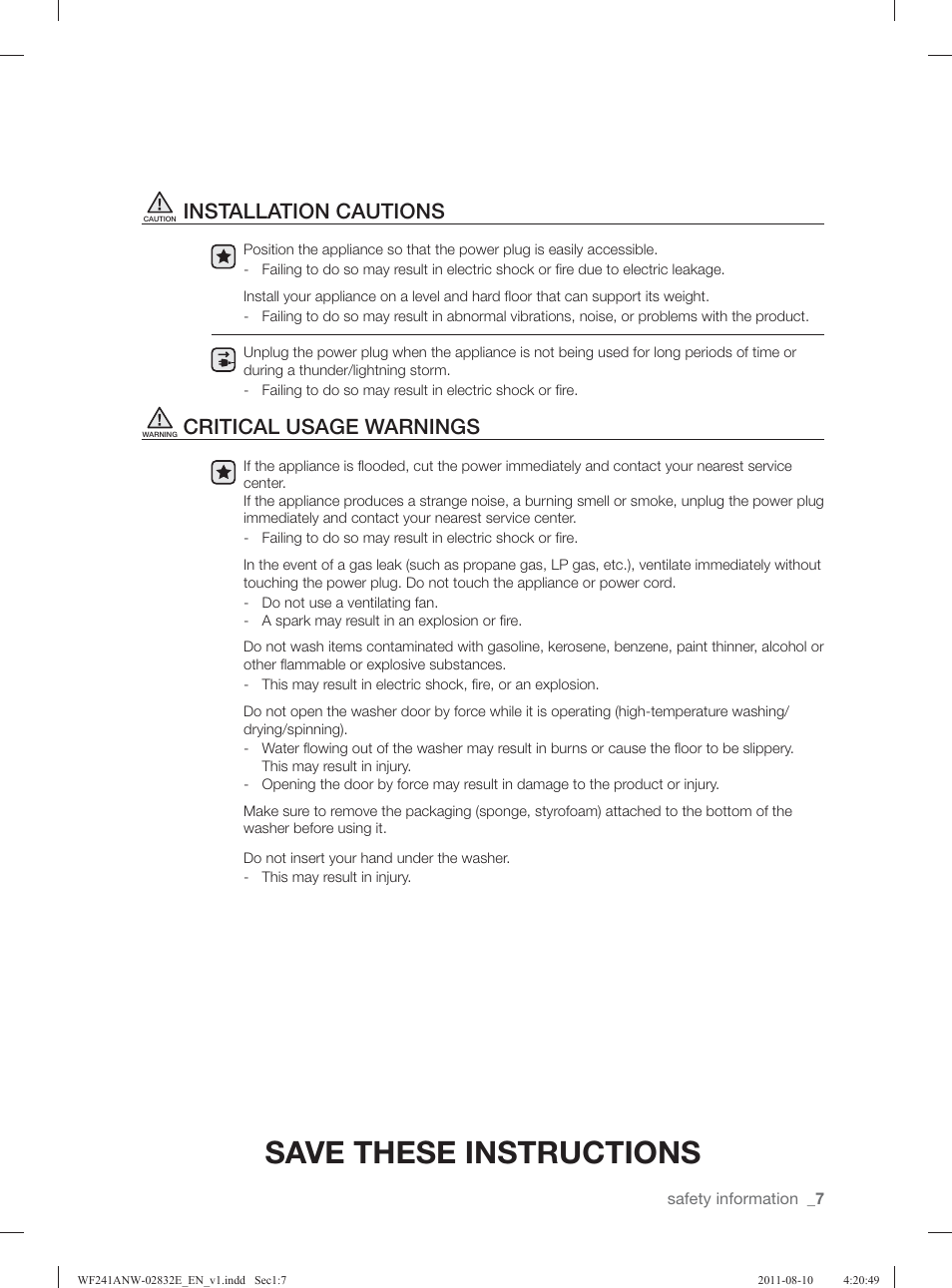 Save these instructions, Installation cautions, Critical usage warnings | Samsung WF231ANW-XAA User Manual | Page 7 / 120