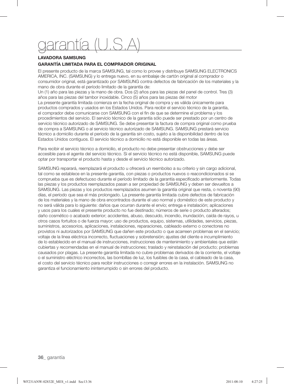 Garantía (u.s.a) | Samsung WF231ANW-XAA User Manual | Page 76 / 120