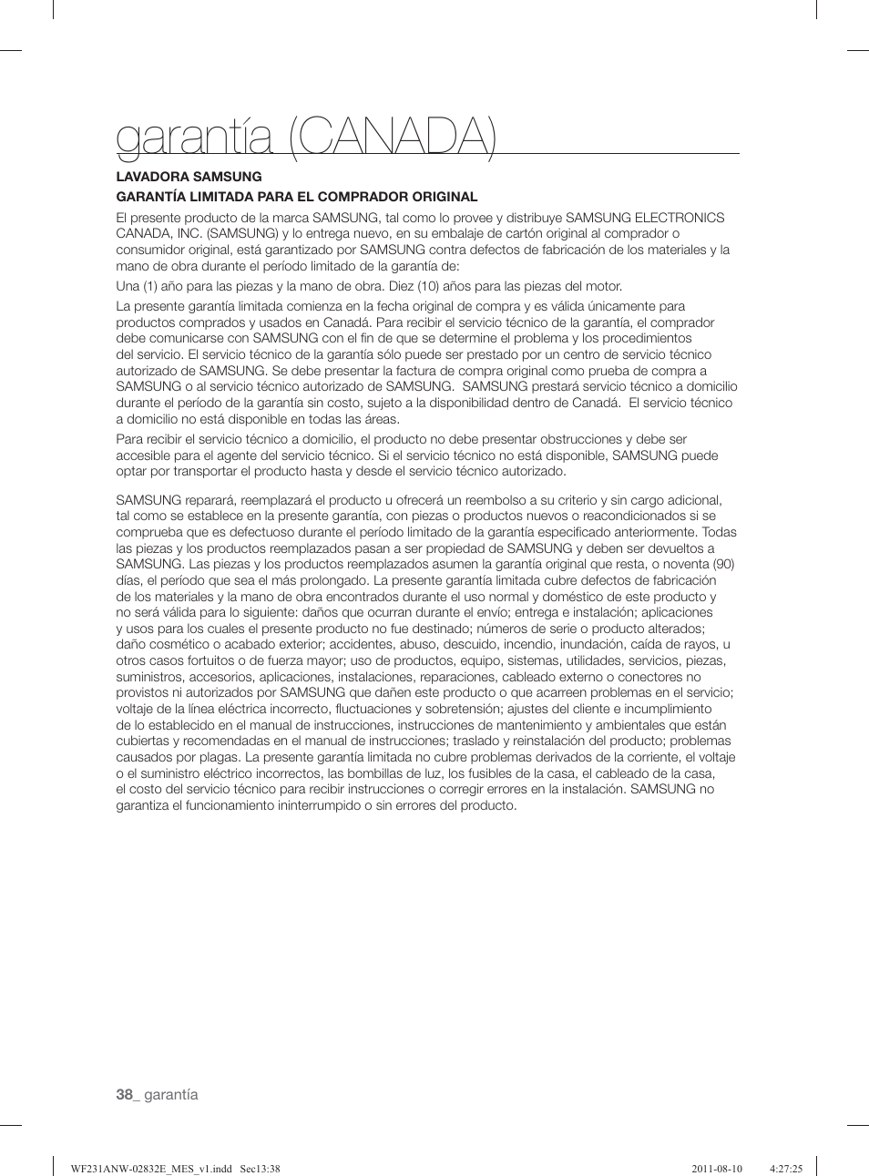 Garantía (canada) | Samsung WF231ANW-XAA User Manual | Page 78 / 120