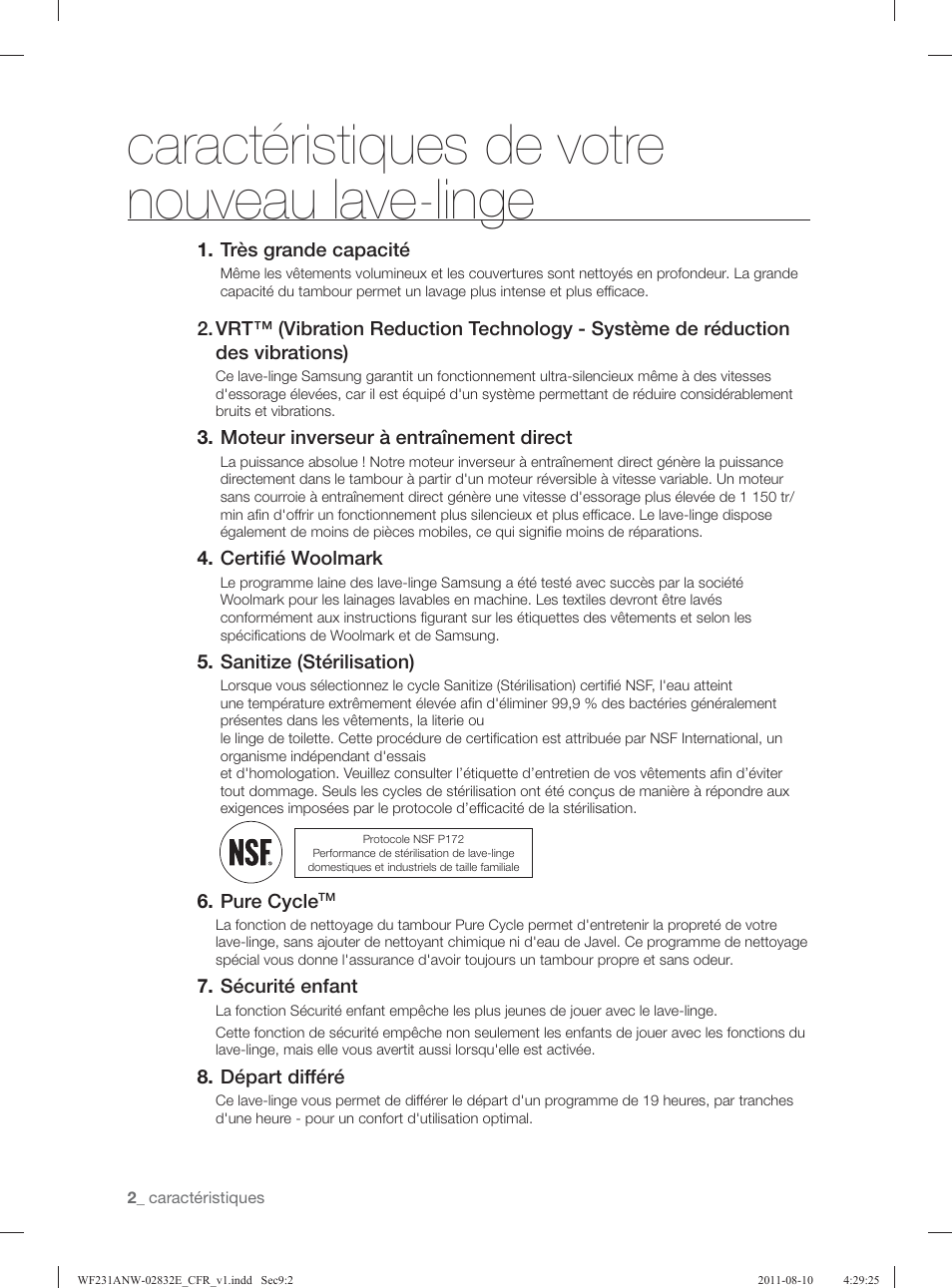 Caractéristiques de votre nouveau lave-linge | Samsung WF231ANW-XAA User Manual | Page 82 / 120