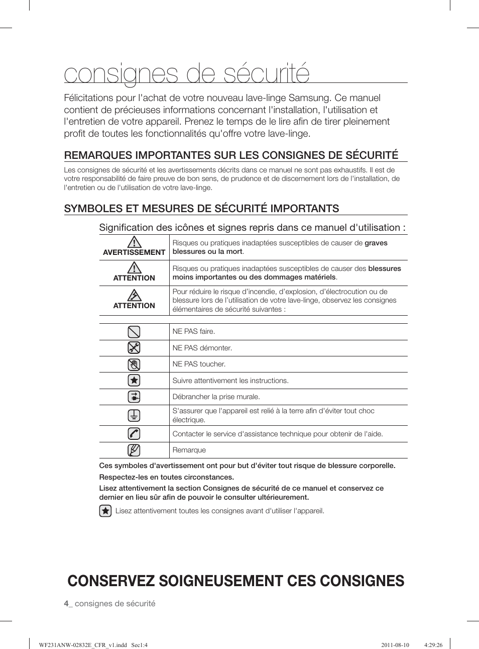 Consignes de sécurité, Conservez soigneusement ces consignes, Symboles et mesures de sécurité importants | Samsung WF231ANW-XAA User Manual | Page 84 / 120