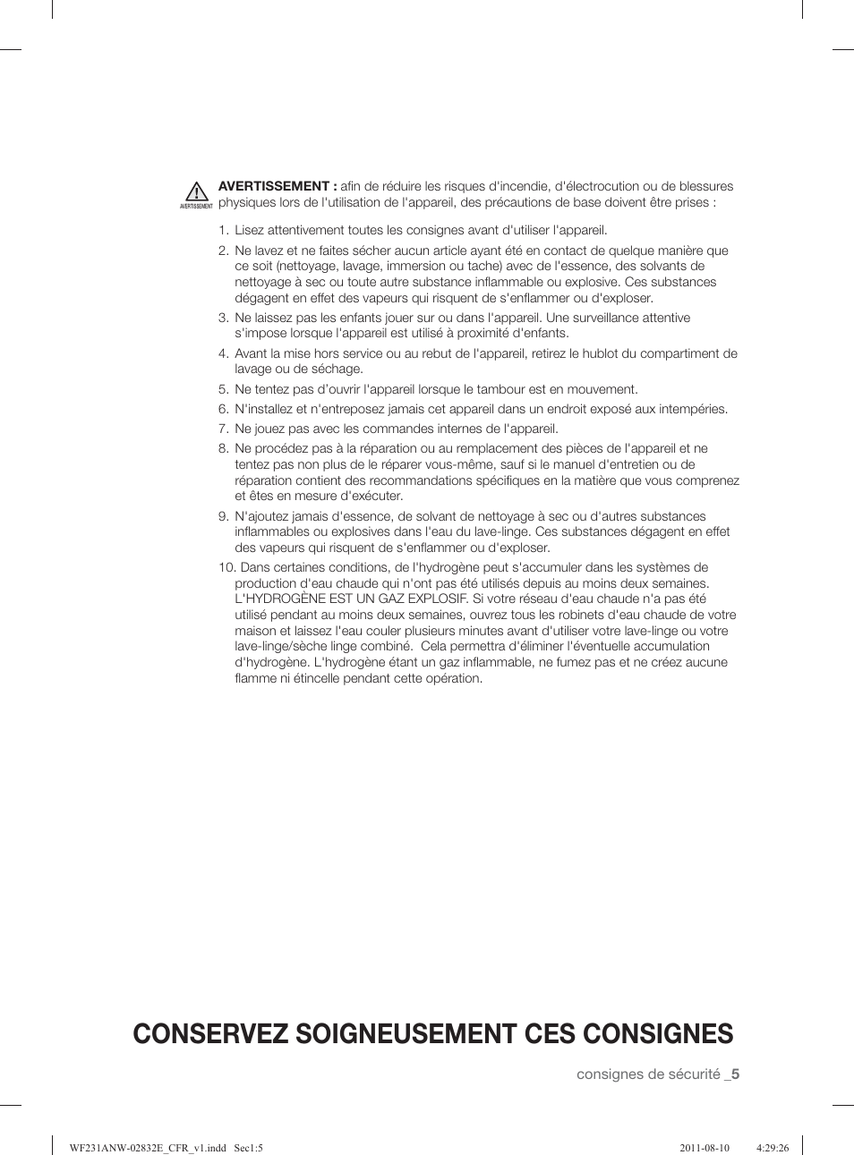 Conservez soigneusement ces consignes | Samsung WF231ANW-XAA User Manual | Page 85 / 120
