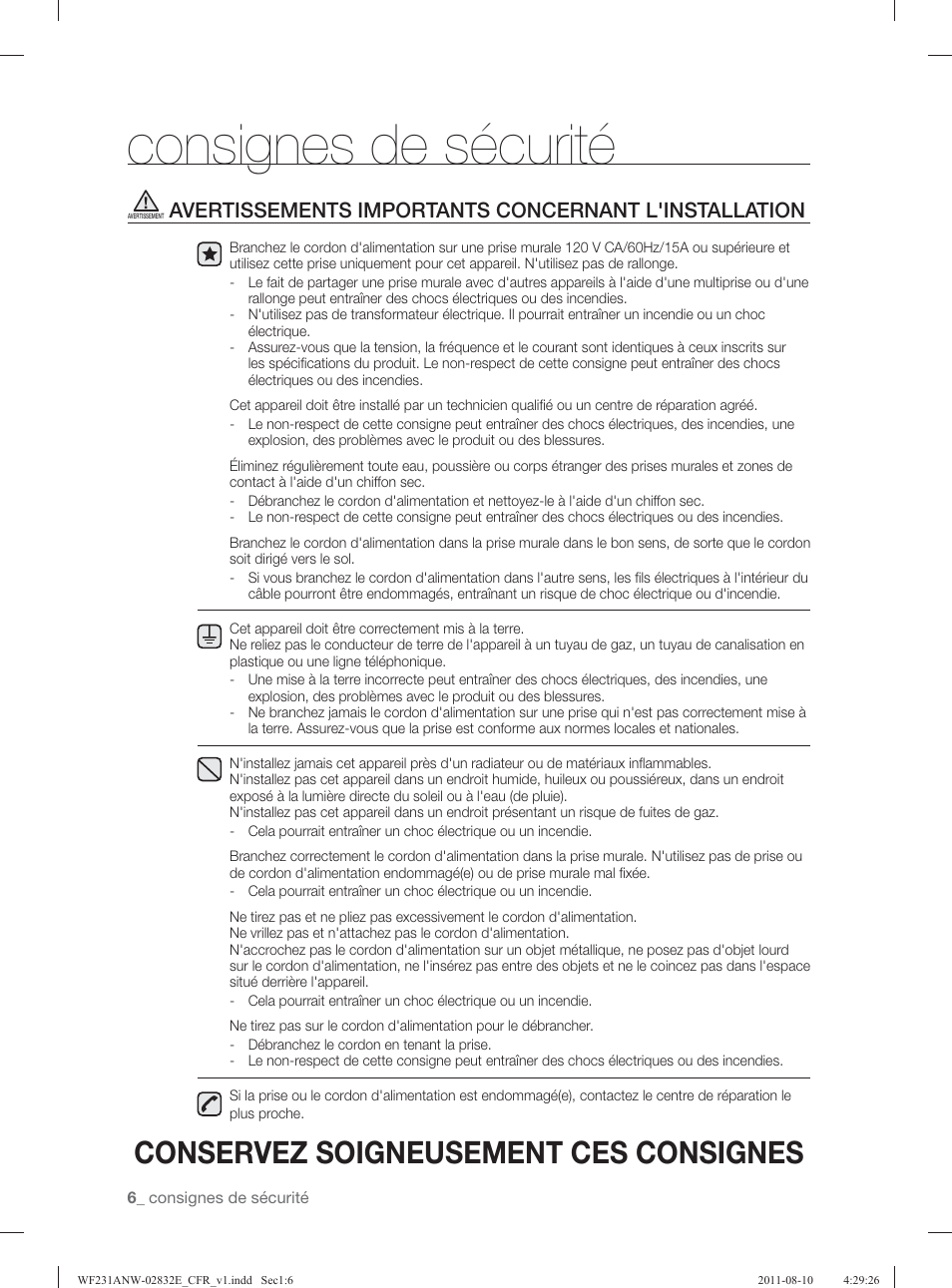 Consignes de sécurité, Conservez soigneusement ces consignes | Samsung WF231ANW-XAA User Manual | Page 86 / 120
