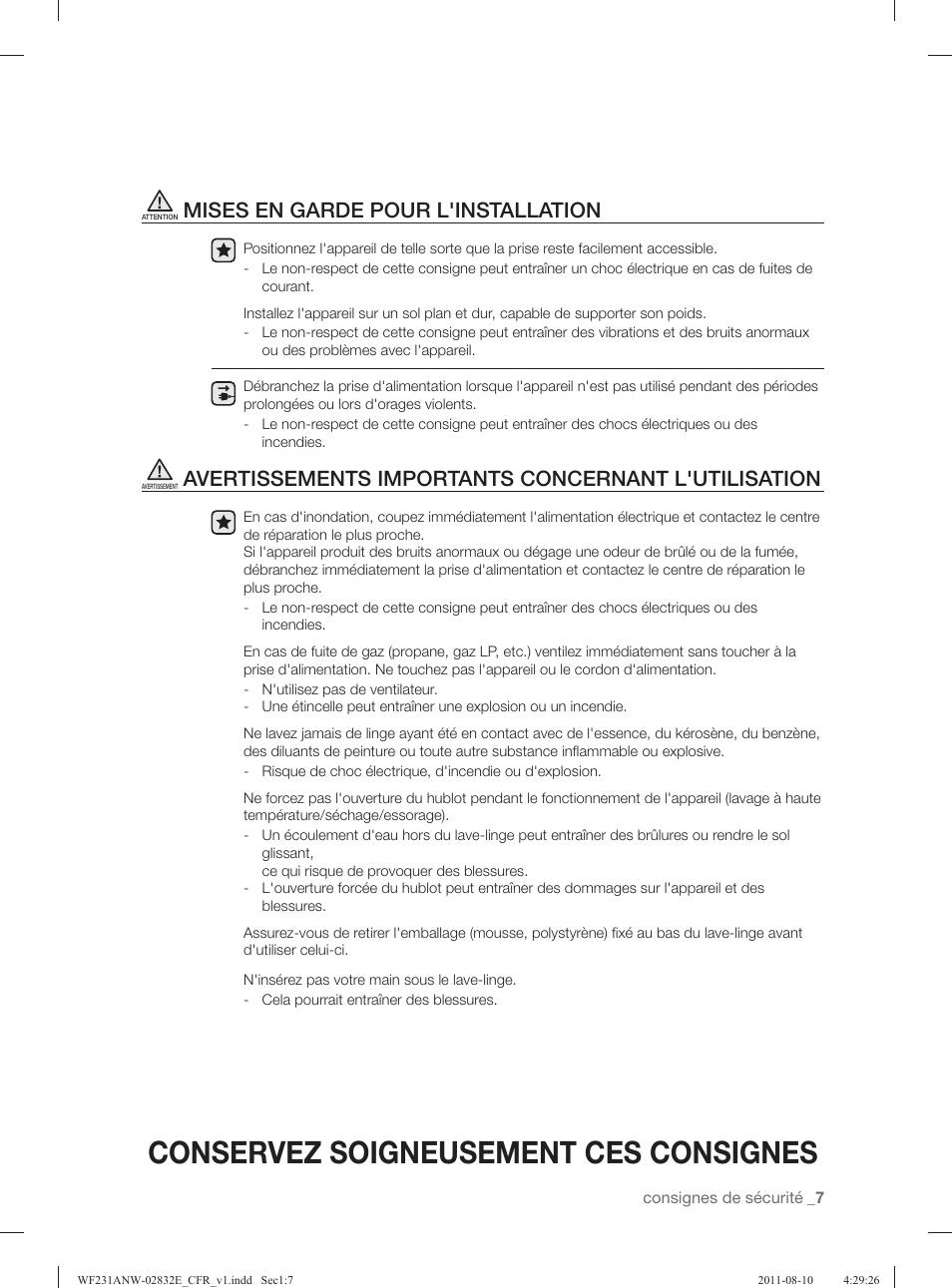 Conservez soigneusement ces consignes, Mises en garde pour l'installation, Avertissements importants concernant l'utilisation | Samsung WF231ANW-XAA User Manual | Page 87 / 120