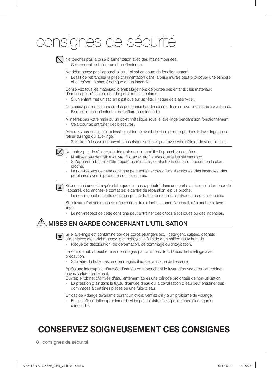 Consignes de sécurité, Conservez soigneusement ces consignes, Mises en garde concernant l'utilisation | Samsung WF231ANW-XAA User Manual | Page 88 / 120