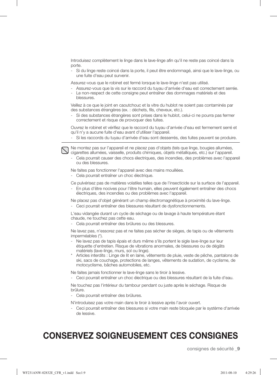 Conservez soigneusement ces consignes | Samsung WF231ANW-XAA User Manual | Page 89 / 120