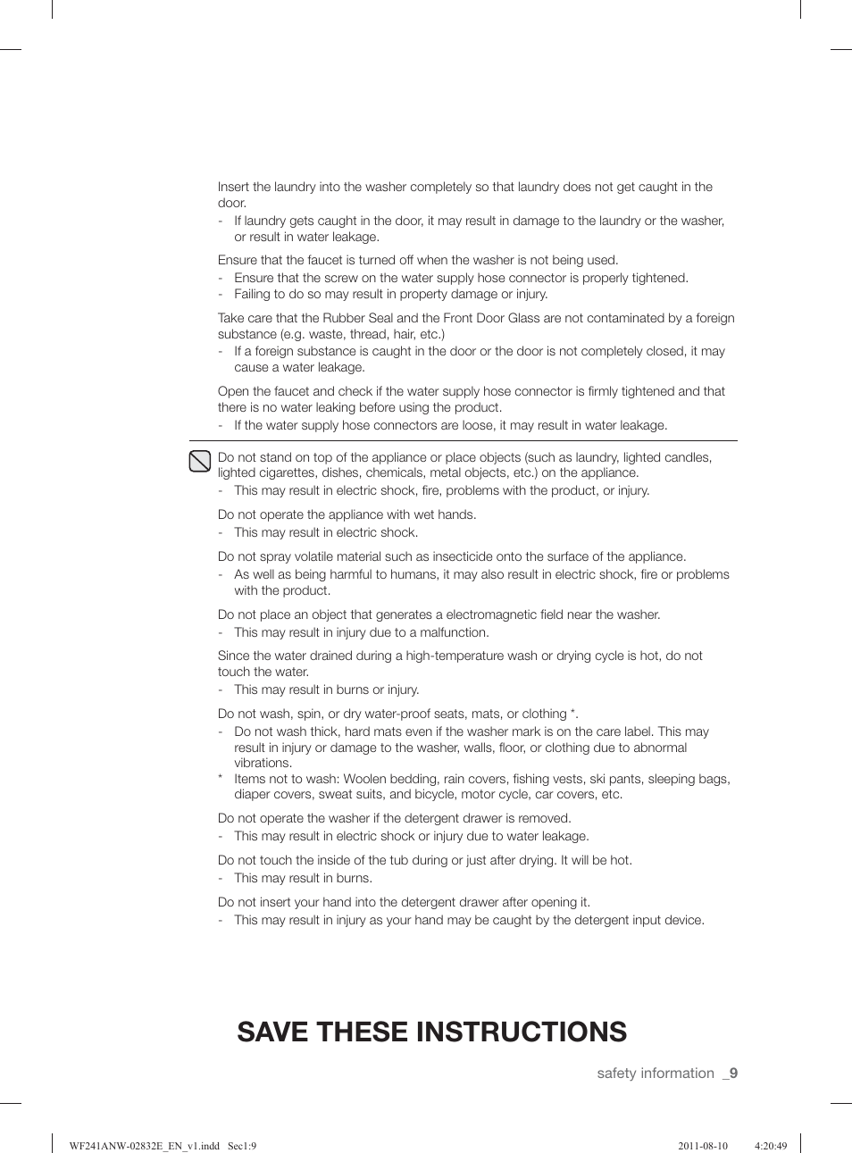 Save these instructions | Samsung WF231ANW-XAA User Manual | Page 9 / 120