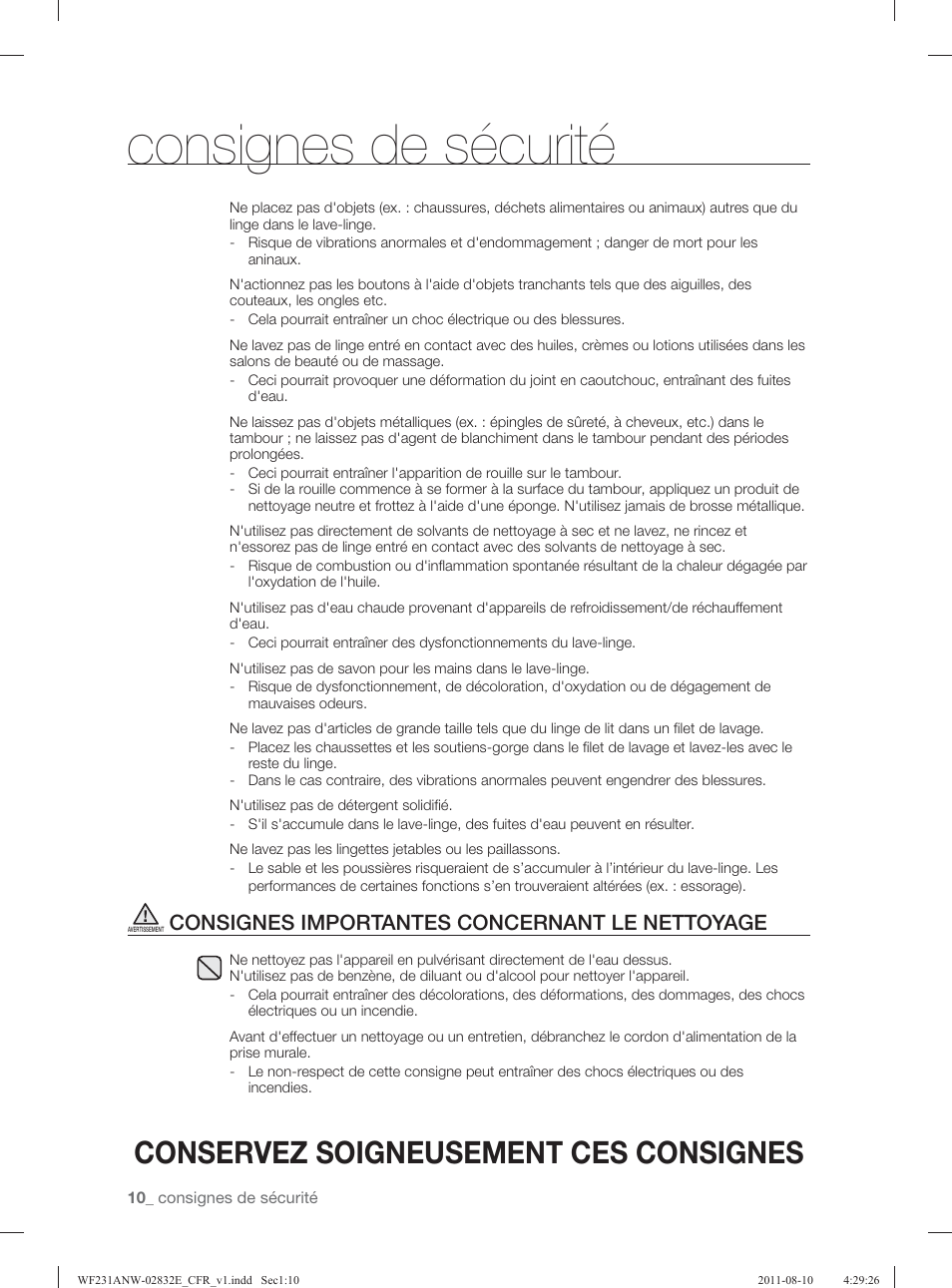 Consignes de sécurité, Conservez soigneusement ces consignes, Consignes importantes concernant le nettoyage | Samsung WF231ANW-XAA User Manual | Page 90 / 120
