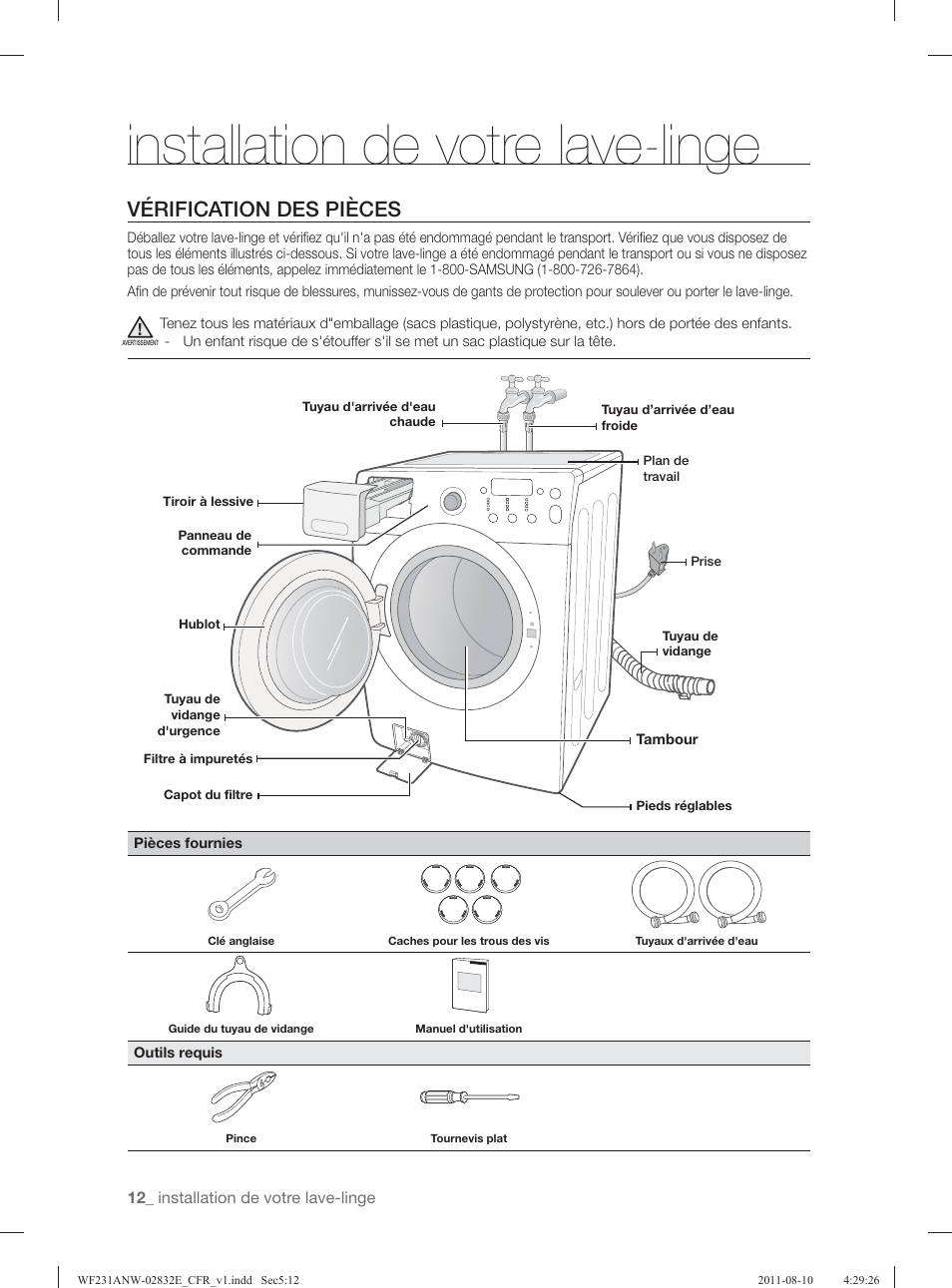 Installation de votre lave-linge, Vérification des pièces | Samsung WF231ANW-XAA User Manual | Page 92 / 120