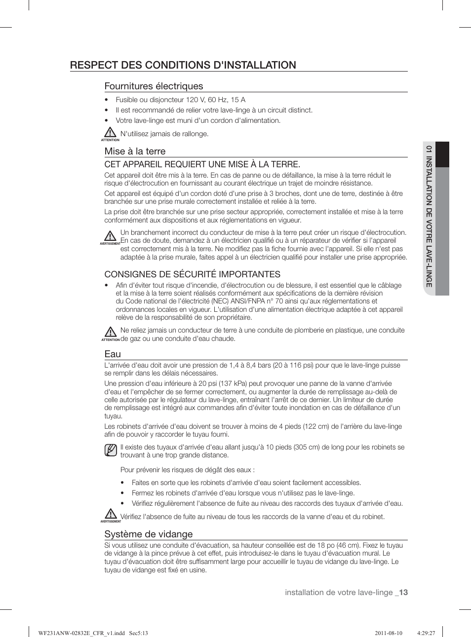 Respect des conditions d'installation, Fournitures électriques, Mise à la terre | Système de vidange | Samsung WF231ANW-XAA User Manual | Page 93 / 120