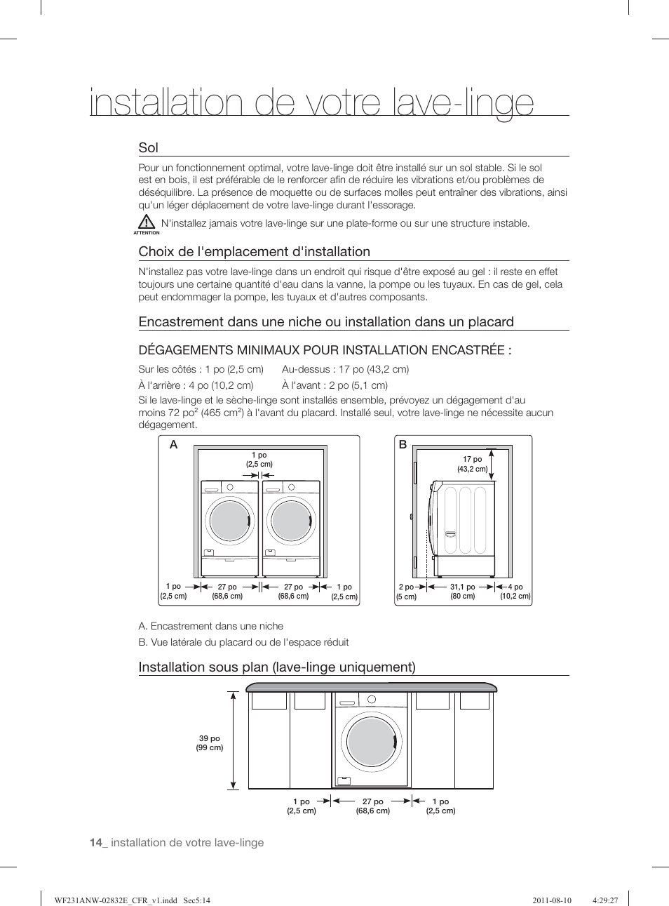 Installation de votre lave-linge, Choix de l'emplacement d'installation, Installation sous plan (lave-linge uniquement) | Dégagements minimaux pour installation encastrée | Samsung WF231ANW-XAA User Manual | Page 94 / 120