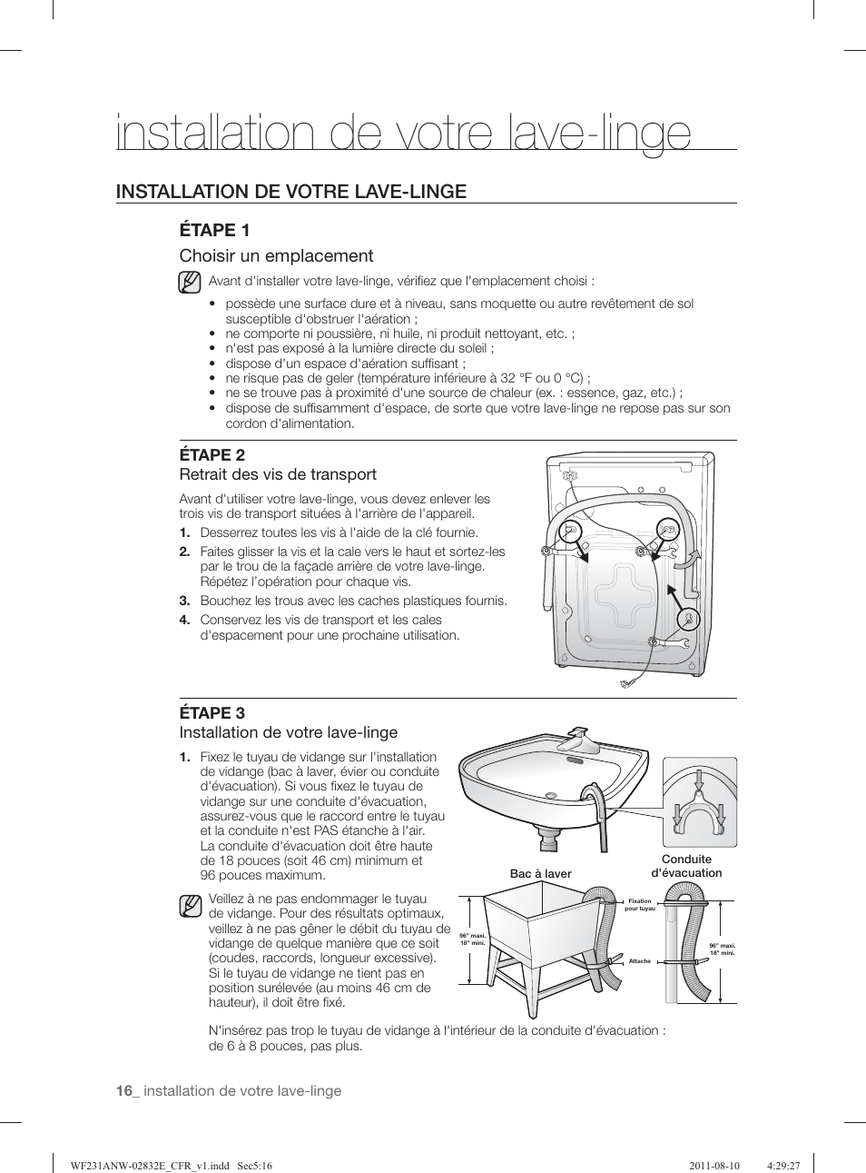 Installation de votre lave-linge, Étape 1 choisir un emplacement | Samsung WF231ANW-XAA User Manual | Page 96 / 120