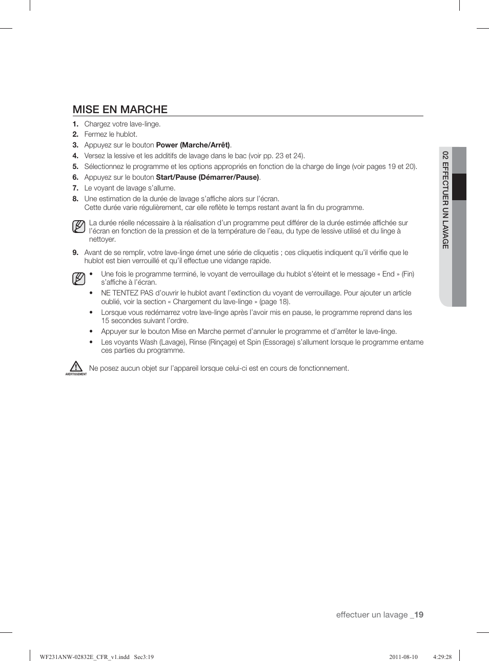 Mise en marche | Samsung WF231ANW-XAA User Manual | Page 99 / 120