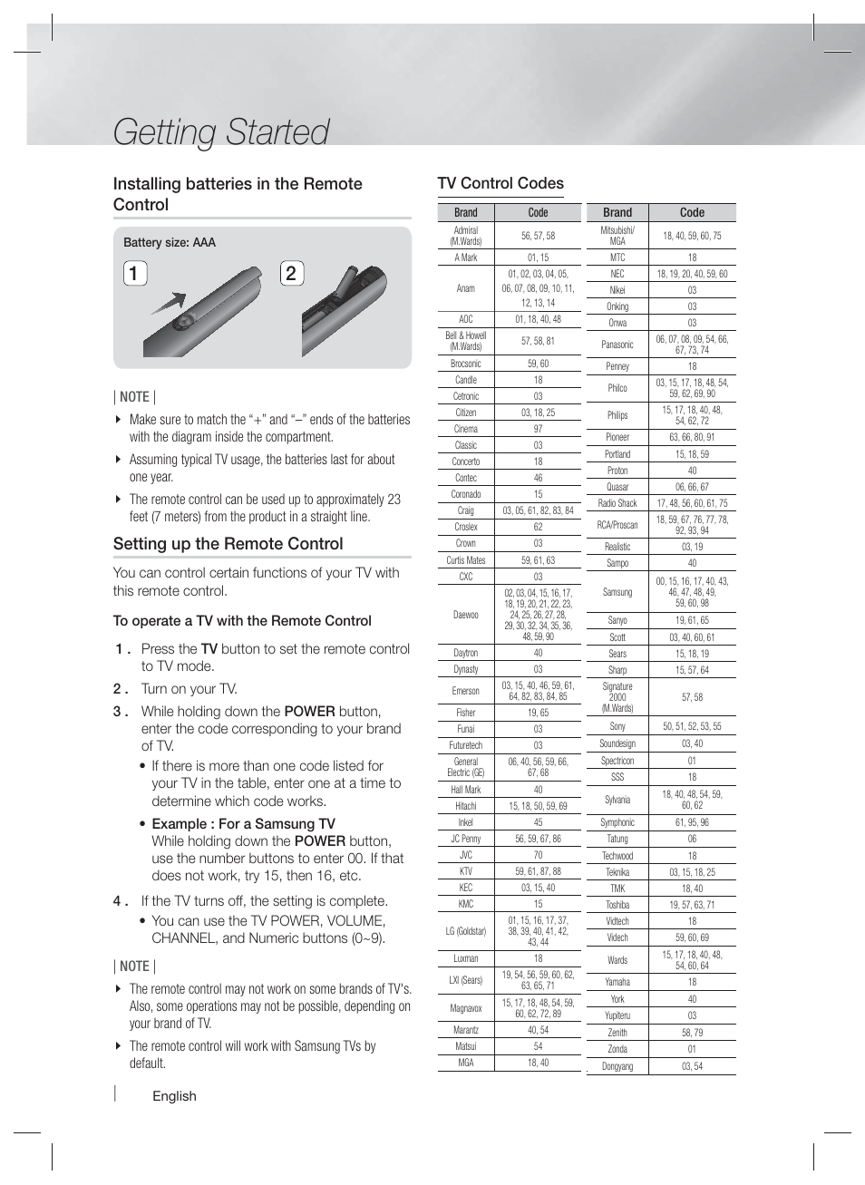 Getting started, Installing batteries in the remote control, Setting up the remote control | Tv control codes | Samsung HT-E6500W-ZA User Manual | Page 14 / 66
