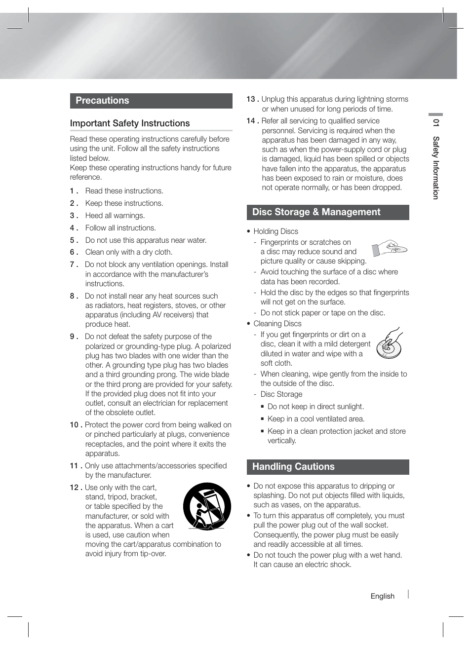 Precautions, Disc storage & management, Handling cautions | Samsung HT-E6500W-ZA User Manual | Page 3 / 66