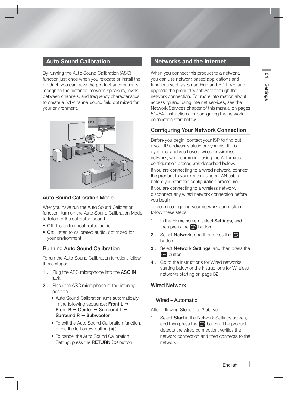 Auto sound calibration, Networks and the internet | Samsung HT-E6500W-ZA User Manual | Page 31 / 66