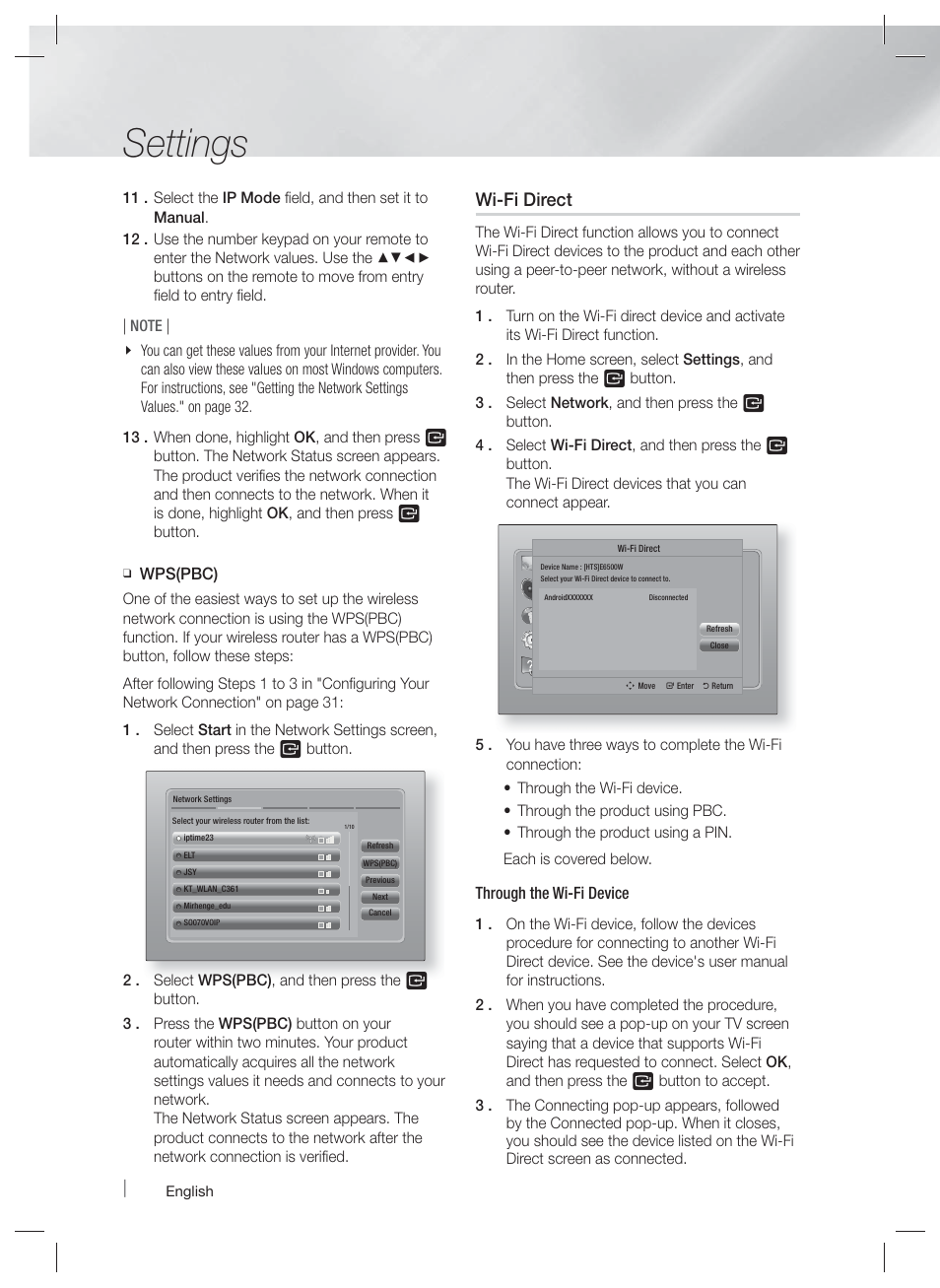 Settings, Wi-fi direct | Samsung HT-E6500W-ZA User Manual | Page 34 / 66
