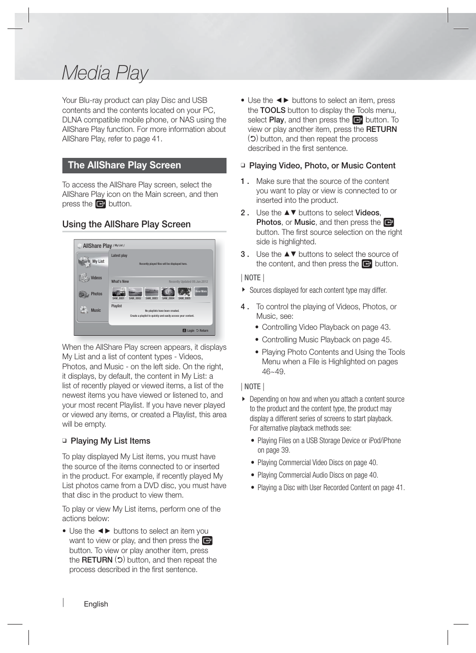 Media play, The allshare play screen, Using the allshare play screen | Samsung HT-E6500W-ZA User Manual | Page 38 / 66