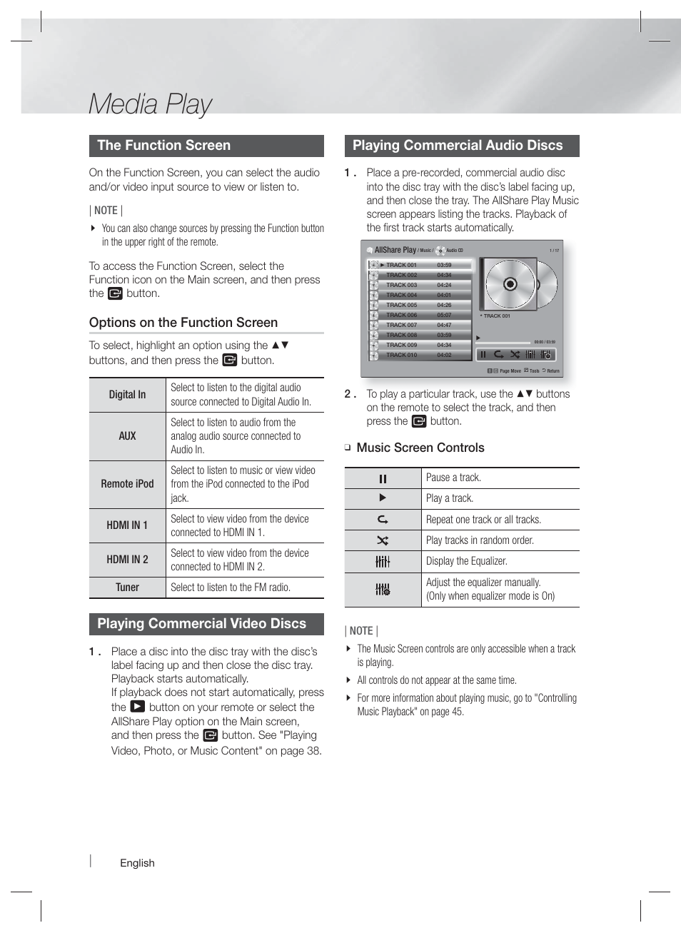 Media play, The function screen, Playing commercial video discs | Playing commercial audio discs, Options on the function screen, Music screen controls | Samsung HT-E6500W-ZA User Manual | Page 40 / 66