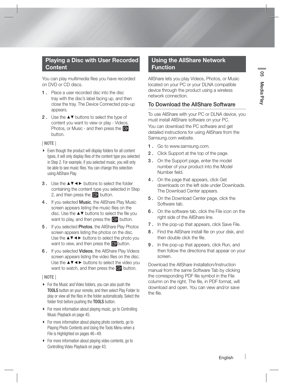 Playing a disc with user recorded content, Using the allshare network function | Samsung HT-E6500W-ZA User Manual | Page 41 / 66