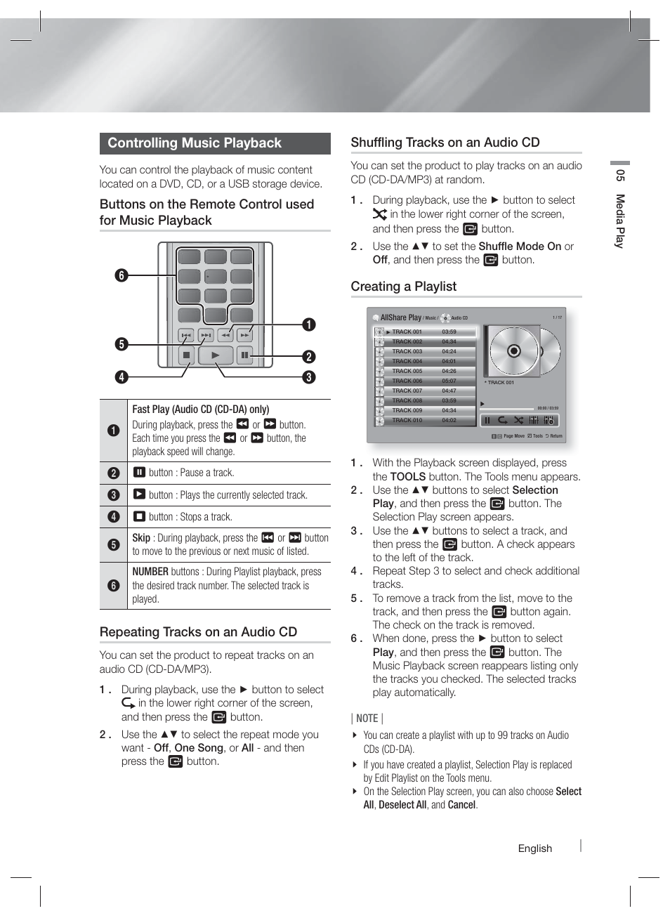 Controlling music playback, Repeating tracks on an audio cd, Shuffling tracks on an audio cd | Creating a playlist | Samsung HT-E6500W-ZA User Manual | Page 45 / 66