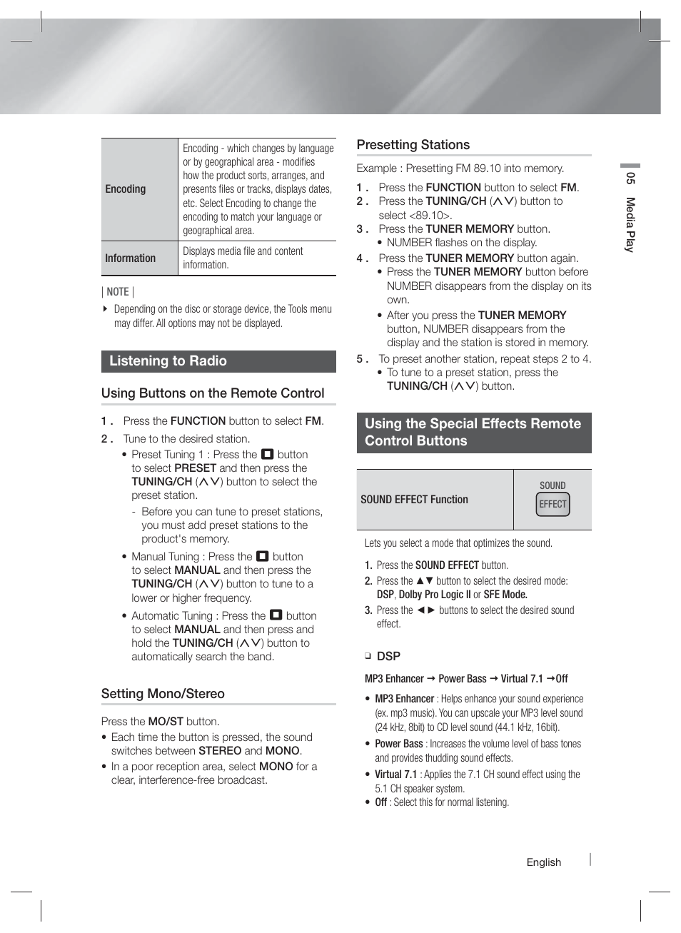 Listening to radio, Using the special effects remote control buttons | Samsung HT-E6500W-ZA User Manual | Page 49 / 66
