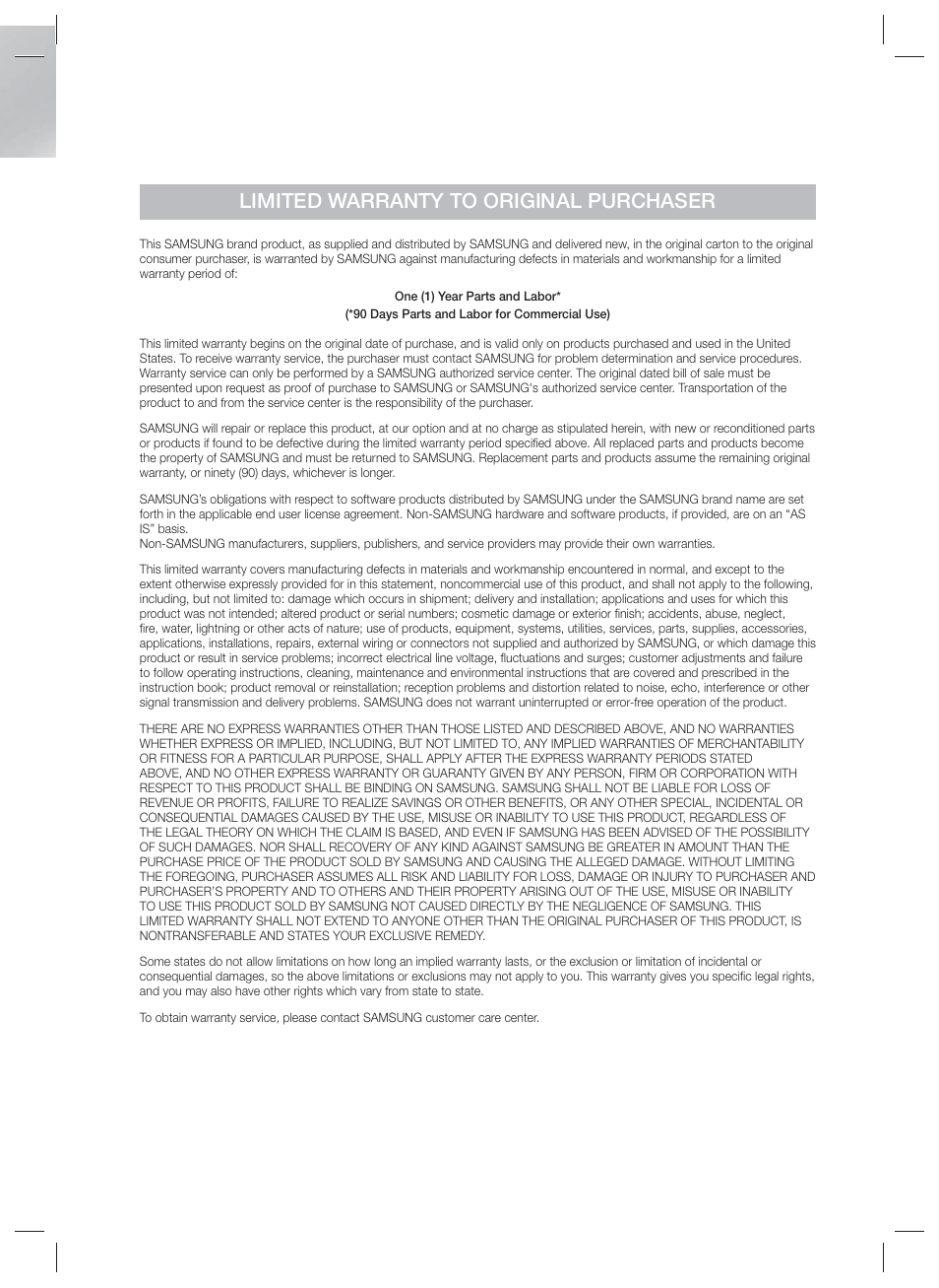 Limited warranty to original purchaser | Samsung HT-E6500W-ZA User Manual | Page 65 / 66