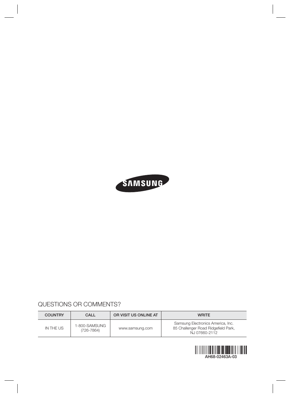 Questions or comments | Samsung HT-E6500W-ZA User Manual | Page 66 / 66