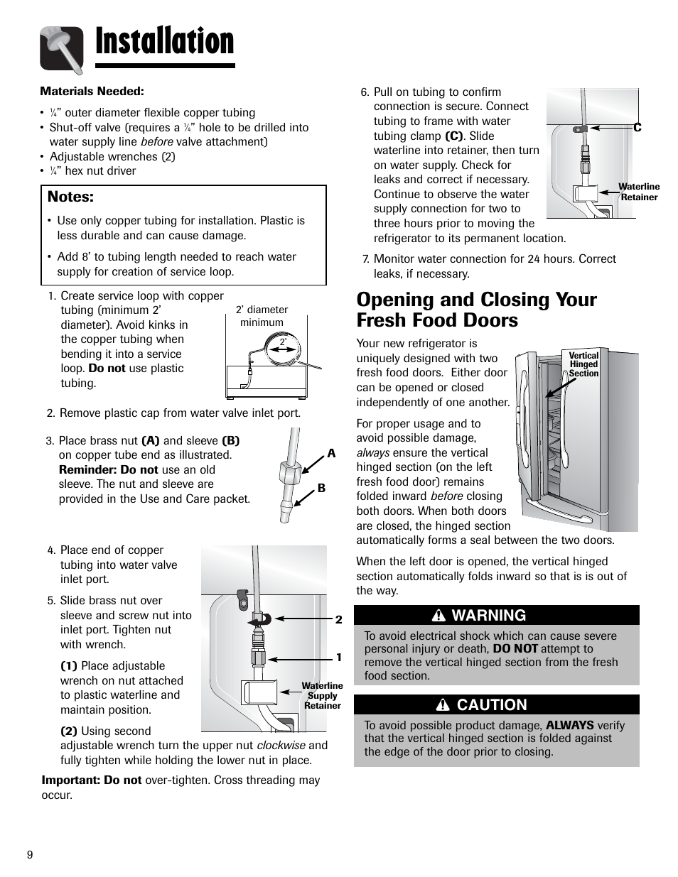 Installation, Opening and closing your fresh food doors, Warning | Caution | Amana AFI2538AEW User Manual | Page 10 / 96