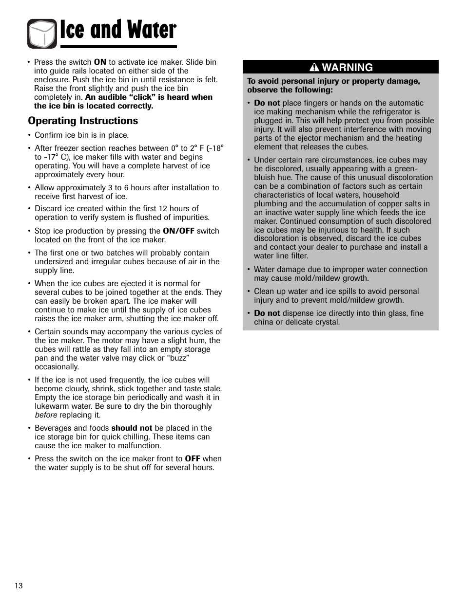 Ice and water | Amana AFI2538AEW User Manual | Page 14 / 96