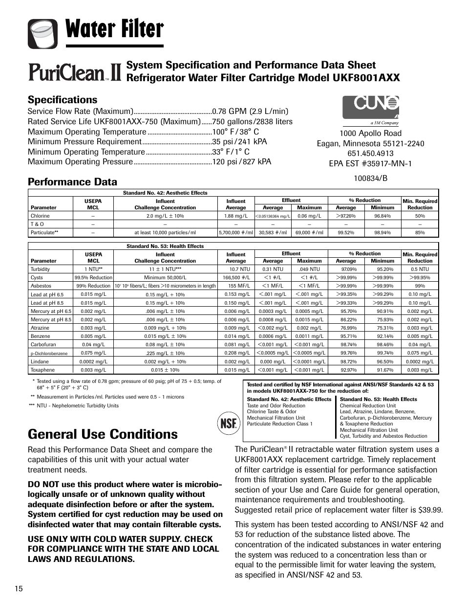 Water filter, General use conditions, Performance data | Amana AFI2538AEW User Manual | Page 16 / 96