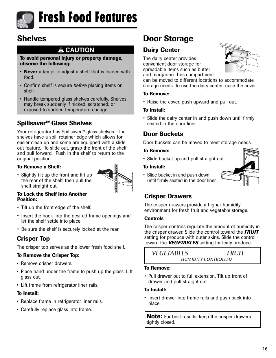Fresh food features, Shelves, Door storage | Amana AFI2538AEW User Manual | Page 17 / 96