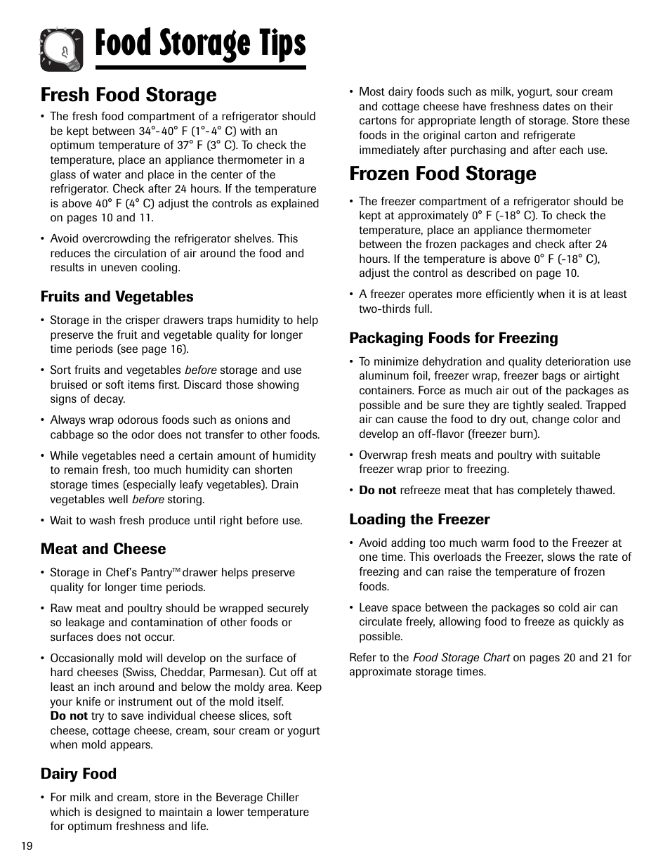 Food storage tips, Fresh food storage, Frozen food storage | Amana AFI2538AEW User Manual | Page 20 / 96