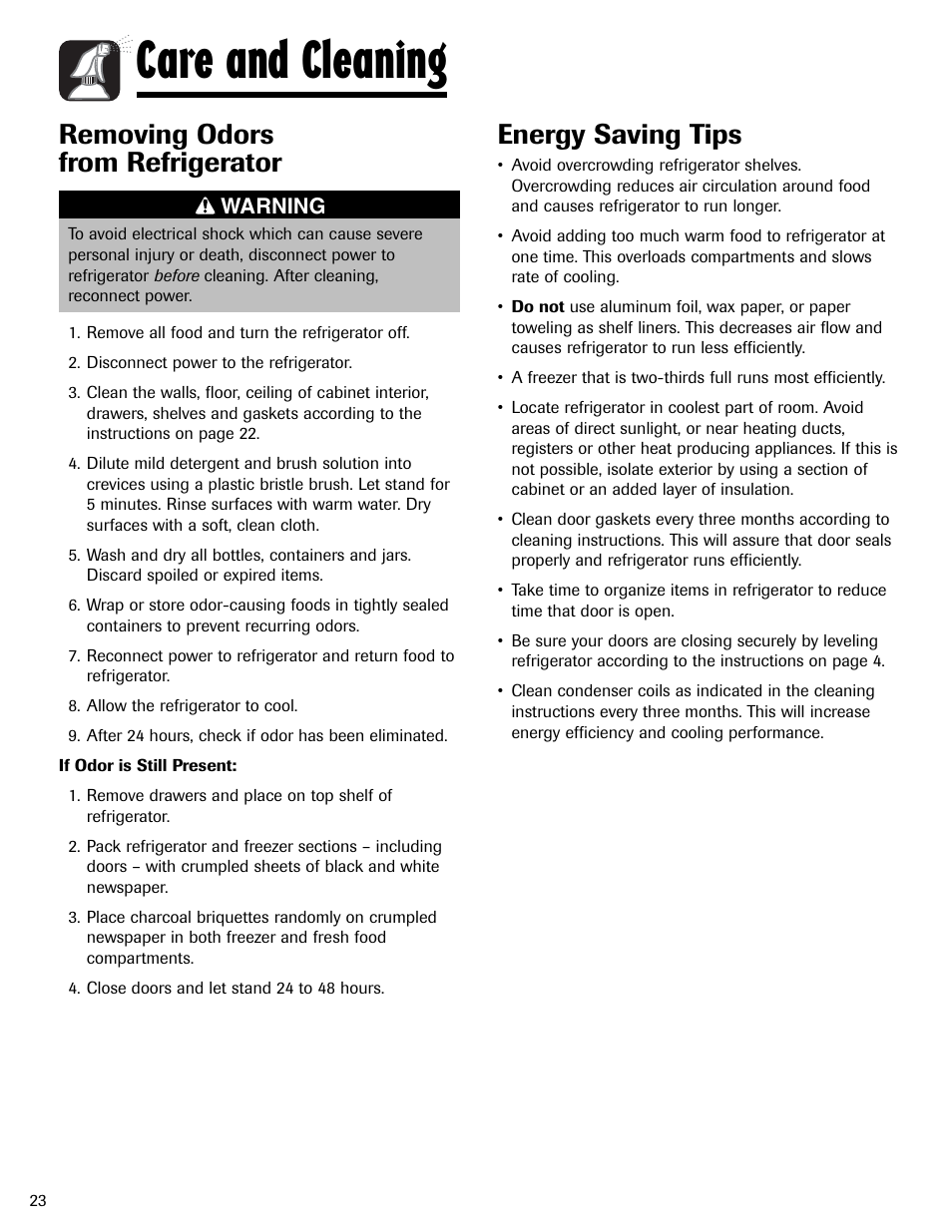 Care and cleaning, Removing odors from refrigerator, Energy saving tips | Amana AFI2538AEW User Manual | Page 24 / 96