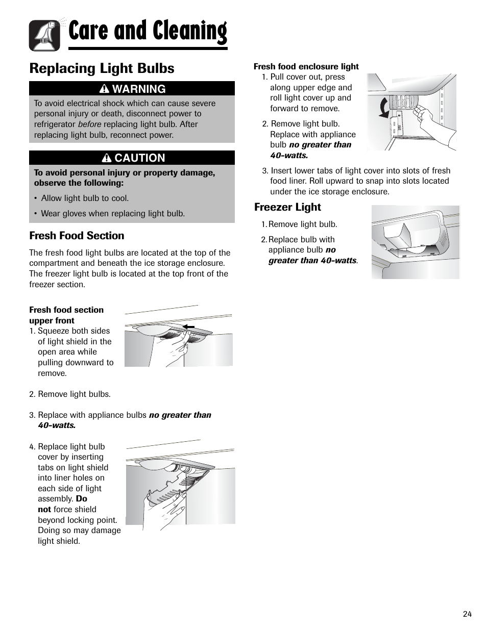 Care and cleaning, Replacing light bulbs | Amana AFI2538AEW User Manual | Page 25 / 96