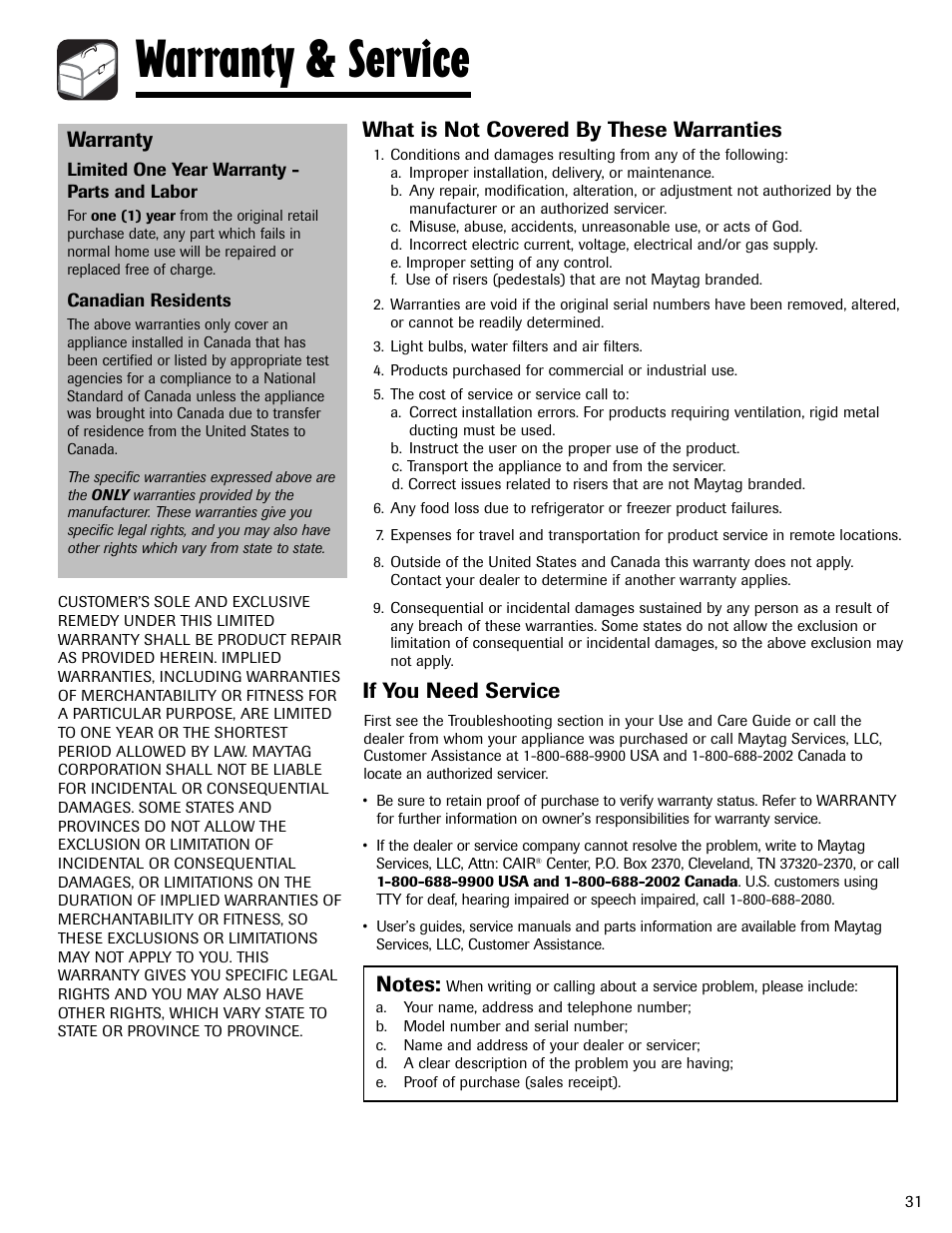 Warranty & service, Warranty, What is not covered by these warranties | If you need service | Amana AFI2538AEW User Manual | Page 32 / 96