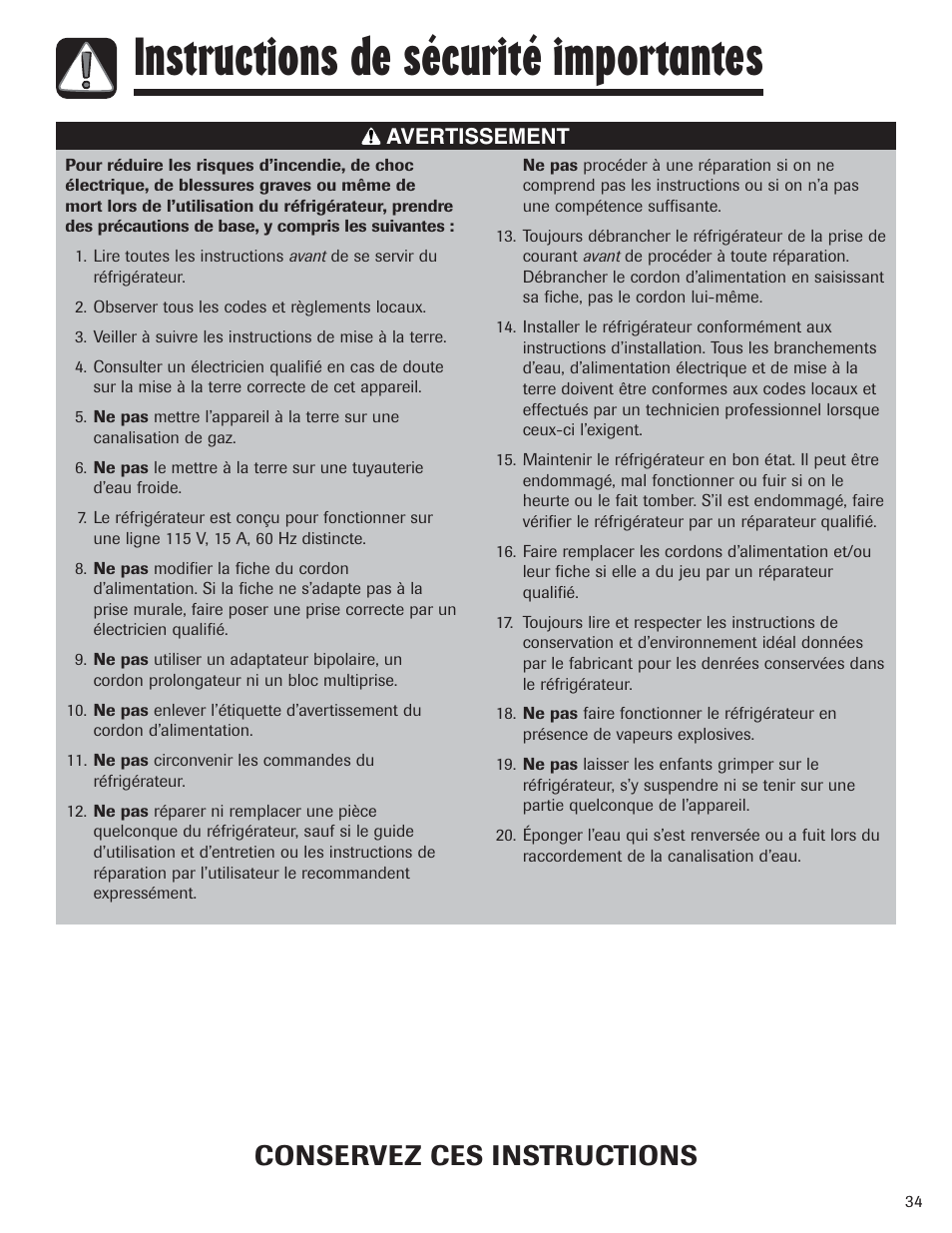 Instructions de sécurité importantes, Conservez ces instructions | Amana AFI2538AEW User Manual | Page 35 / 96