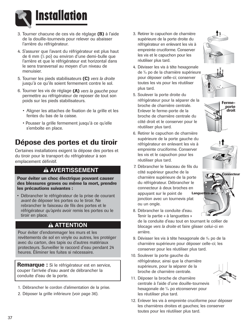 Installation, Dépose des portes et du tiroir, Avertissement | Attention remarque | Amana AFI2538AEW User Manual | Page 38 / 96