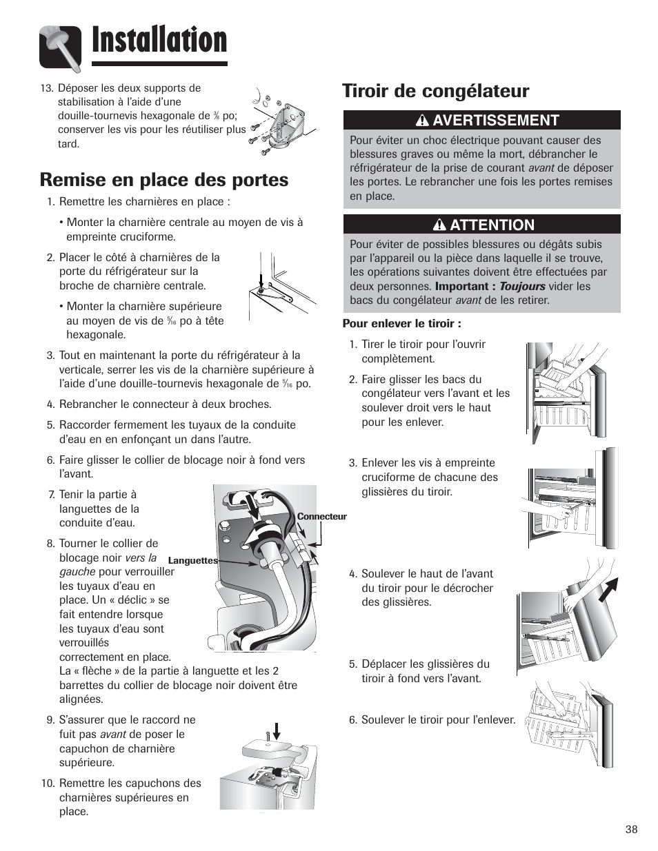 Installation, Remise en place des portes, Tiroir de congélateur | Avertissement, Attention | Amana AFI2538AEW User Manual | Page 39 / 96