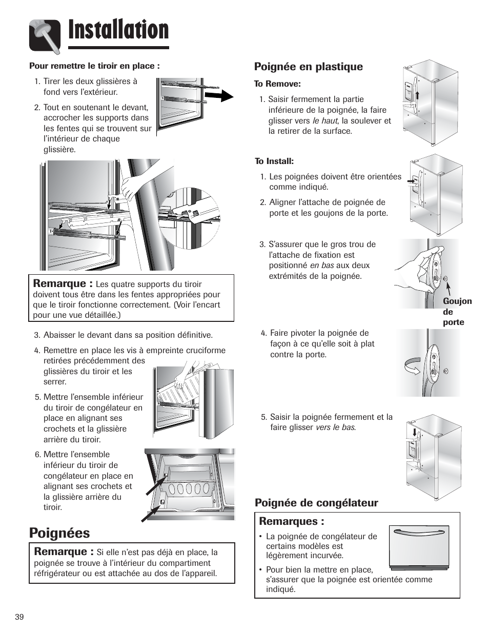 Installation, Poignées | Amana AFI2538AEW User Manual | Page 40 / 96