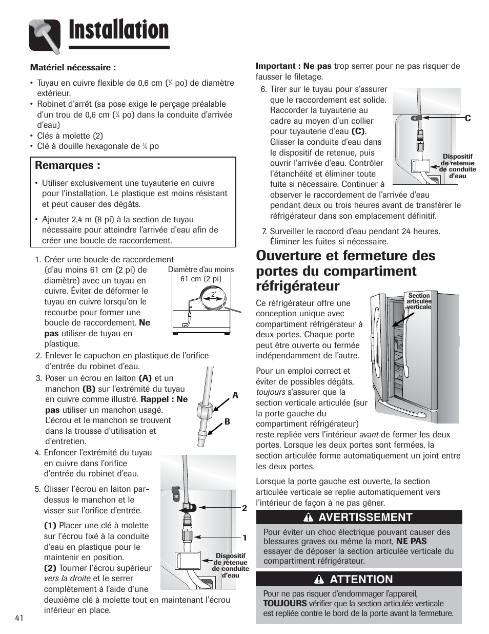 Installation, Remarques, Avertissement | Attention | Amana AFI2538AEW User Manual | Page 42 / 96