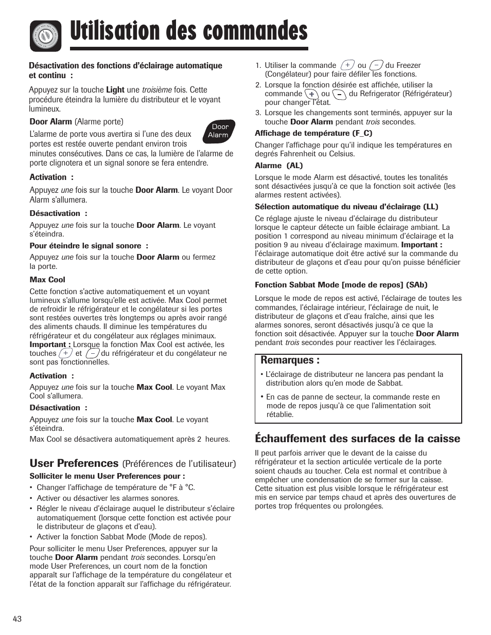 Utilisation des commandes, User preferences, Échauffement des surfaces de la caisse | Remarques | Amana AFI2538AEW User Manual | Page 44 / 96