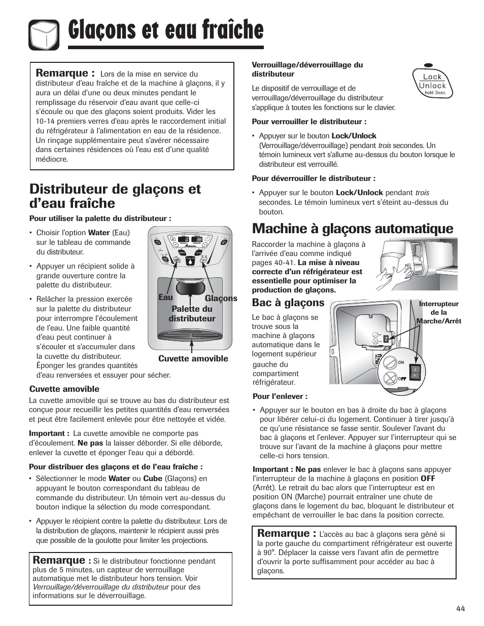 Glaçons et eau fraîche, Machine à glaçons automatique, Distributeur de glaçons et d’eau fraîche | Bac à glaçons, Remarque | Amana AFI2538AEW User Manual | Page 45 / 96