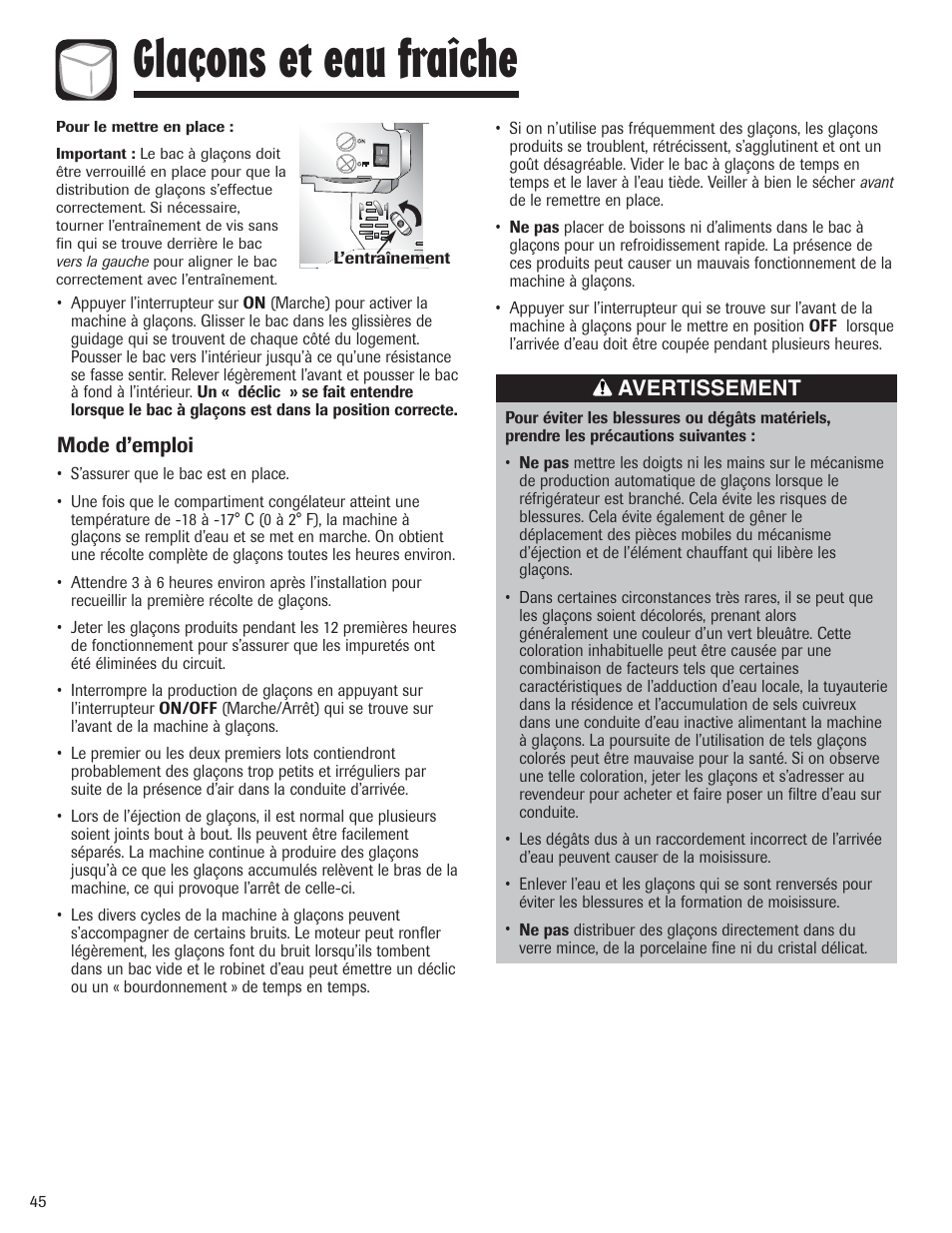 Glaçons et eau fraîche | Amana AFI2538AEW User Manual | Page 46 / 96