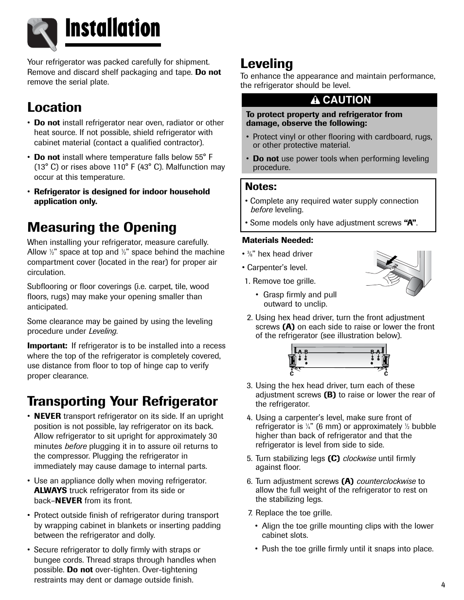 Installation, Location, Measuring the opening | Transporting your refrigerator, Leveling, Caution | Amana AFI2538AEW User Manual | Page 5 / 96