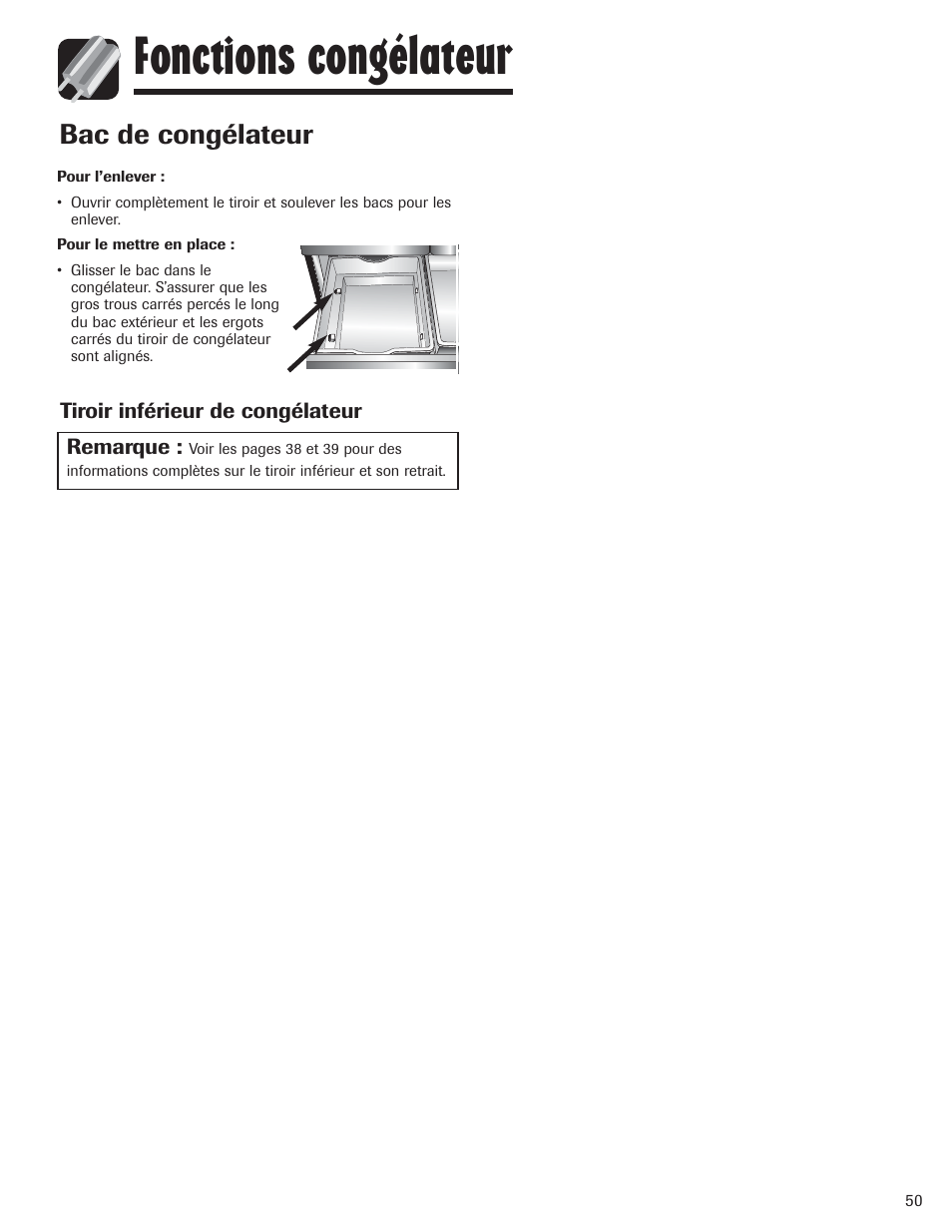 Fonctions congélateur, Bac de congélateur | Amana AFI2538AEW User Manual | Page 51 / 96