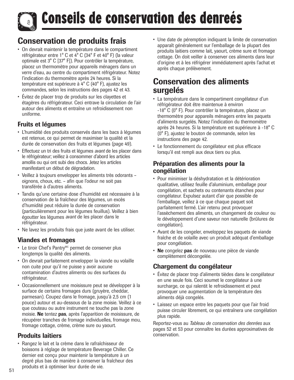 Conseils de conservation des denreés, Conservation de produits frais, Conservation des aliments surgelés | Amana AFI2538AEW User Manual | Page 52 / 96